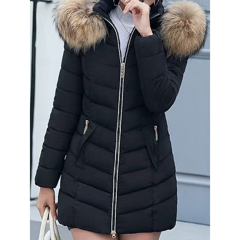 Women's Quilted Winter Parka with Fur-Trim Hood and Shaped Waist
