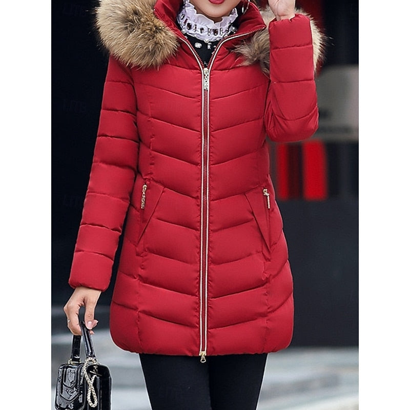 Women's Quilted Winter Parka with Fur-Trim Hood and Shaped Waist