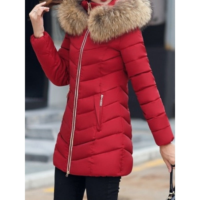 Women's Quilted Winter Parka with Fur-Trim Hood and Shaped Waist