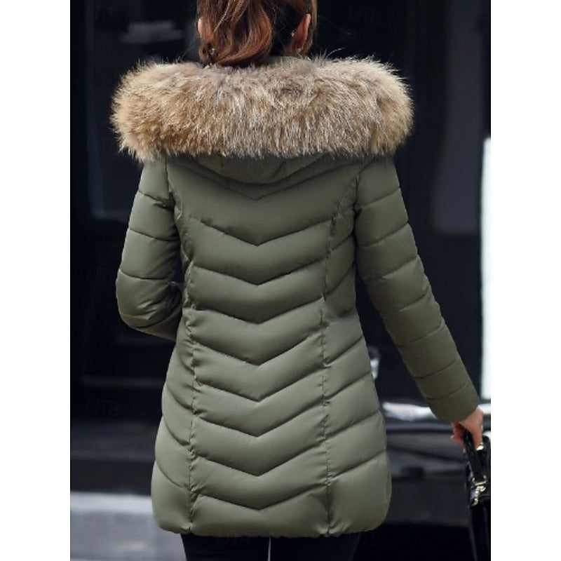 Women's Quilted Winter Parka with Fur-Trim Hood and Shaped Waist