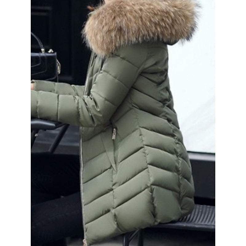 Women's Quilted Winter Parka with Fur-Trim Hood and Shaped Waist