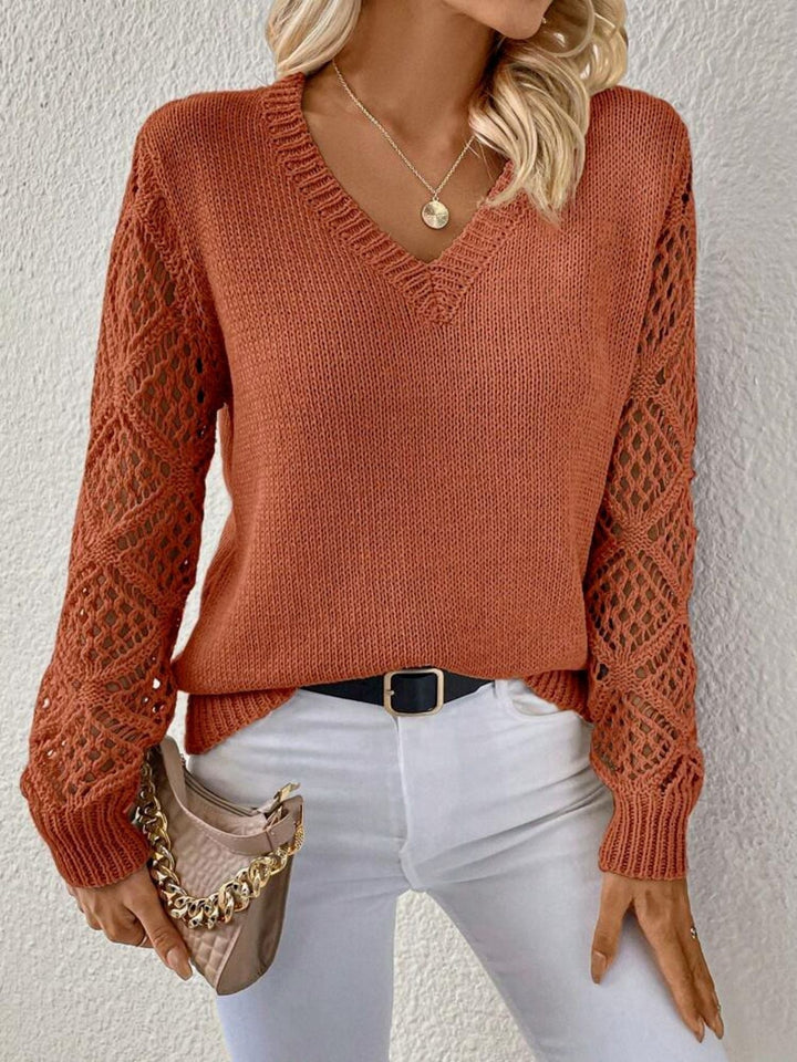Women's Relaxed V-Neck Sweater with Crochet Sleeves
