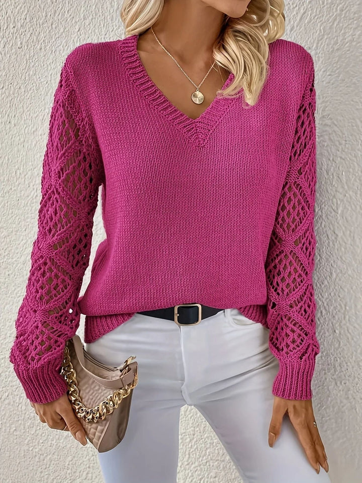 Women's Relaxed V-Neck Sweater with Crochet Sleeves