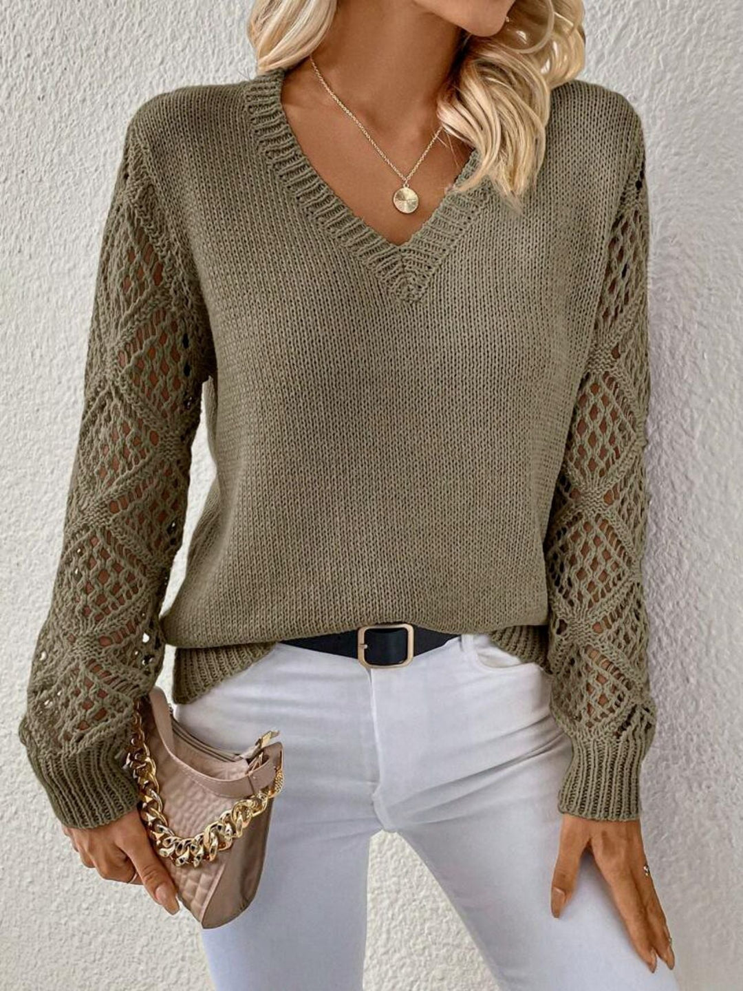 Women's Relaxed V-Neck Sweater with Crochet Sleeves
