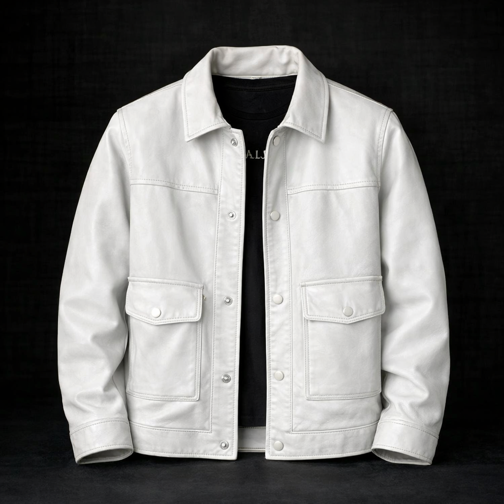 Men's Button-Front Leather Jacket with Flap Pockets