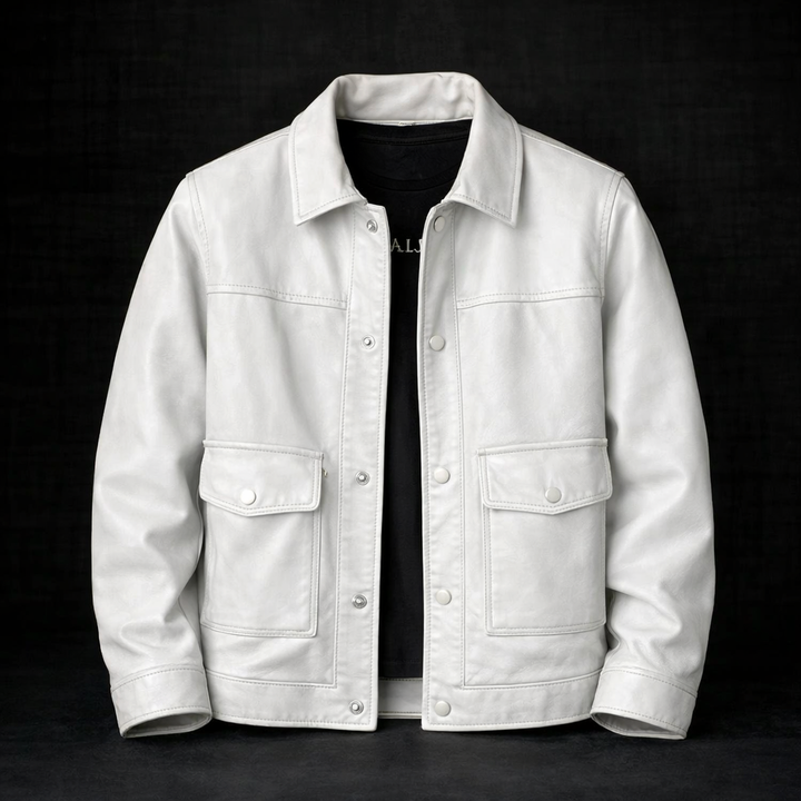 Men's Button-Front Leather Jacket with Flap Pockets