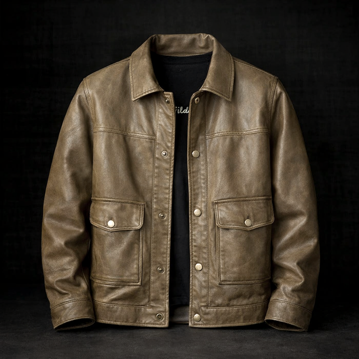 Men's Button-Front Leather Jacket with Flap Pockets