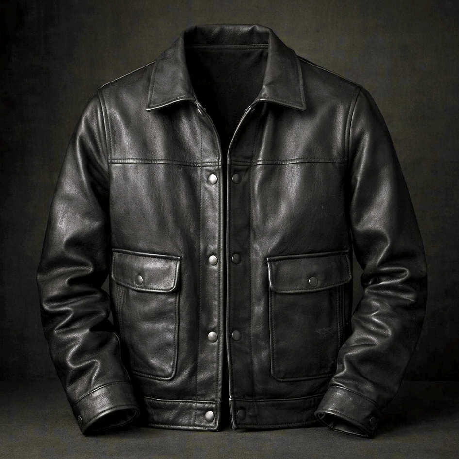 Men's Button-Front Leather Jacket with Flap Pockets