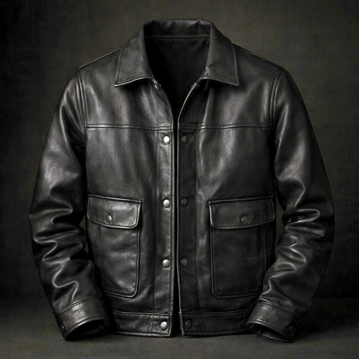 Men's Button-Front Leather Jacket with Flap Pockets