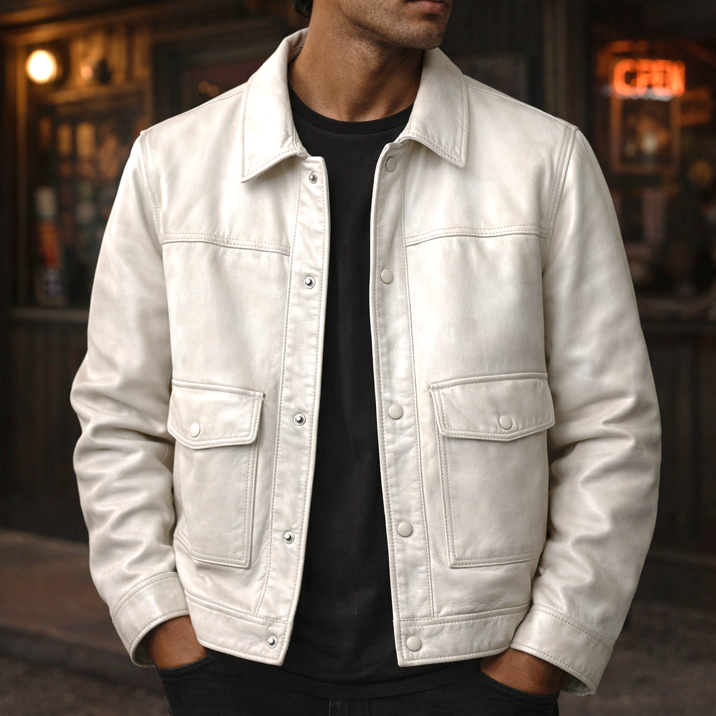 Men's Button-Front Leather Jacket with Flap Pockets