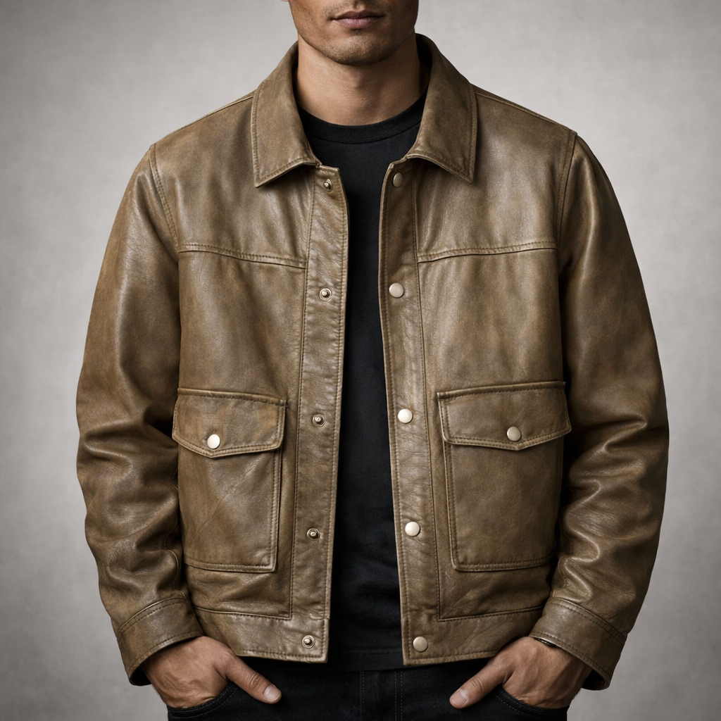 Men's Button-Front Leather Jacket with Flap Pockets