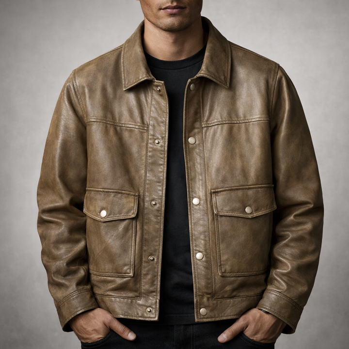 Men's Button-Front Leather Jacket with Flap Pockets