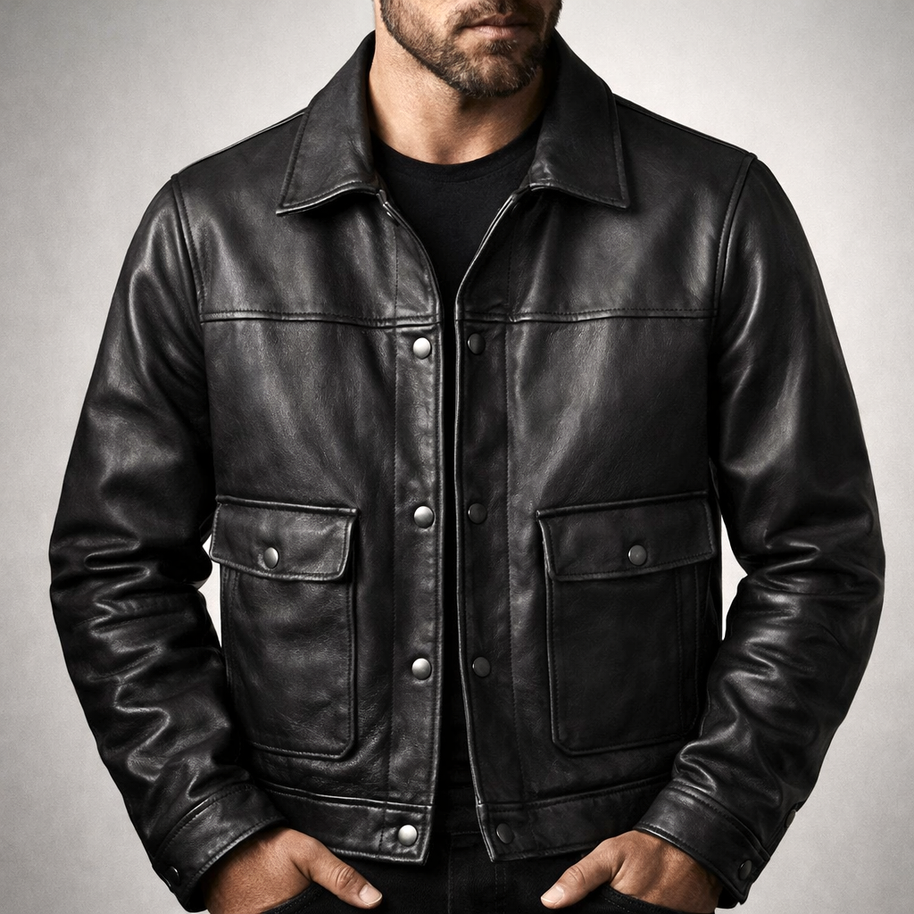 Men's Button-Front Leather Jacket with Flap Pockets