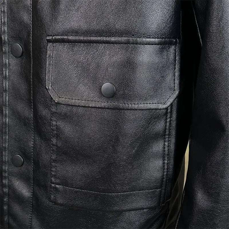 Men's Button-Front Leather Jacket with Flap Pockets