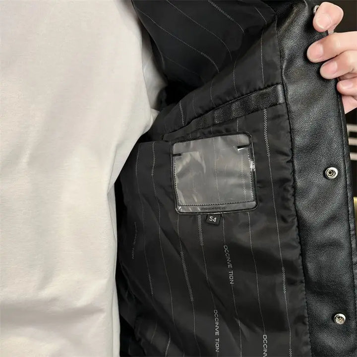 Men's Button-Front Leather Jacket with Flap Pockets