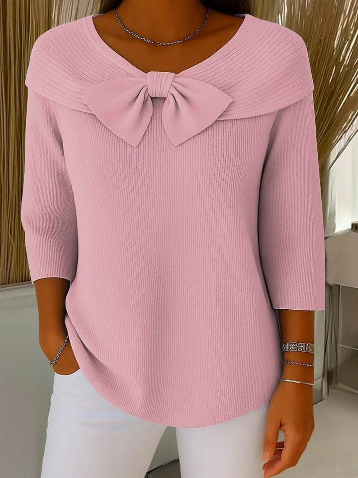 Women's Ribbed Knit Sweater with Bow Detail