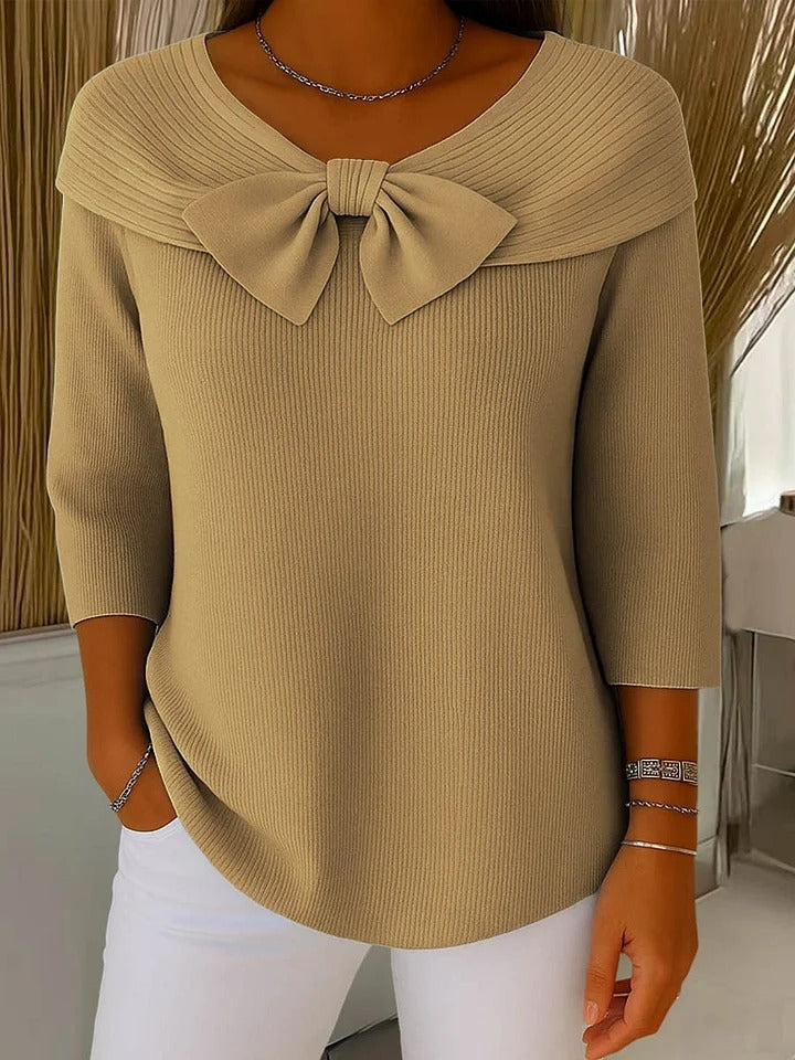 Women's Ribbed Knit Sweater with Bow Detail