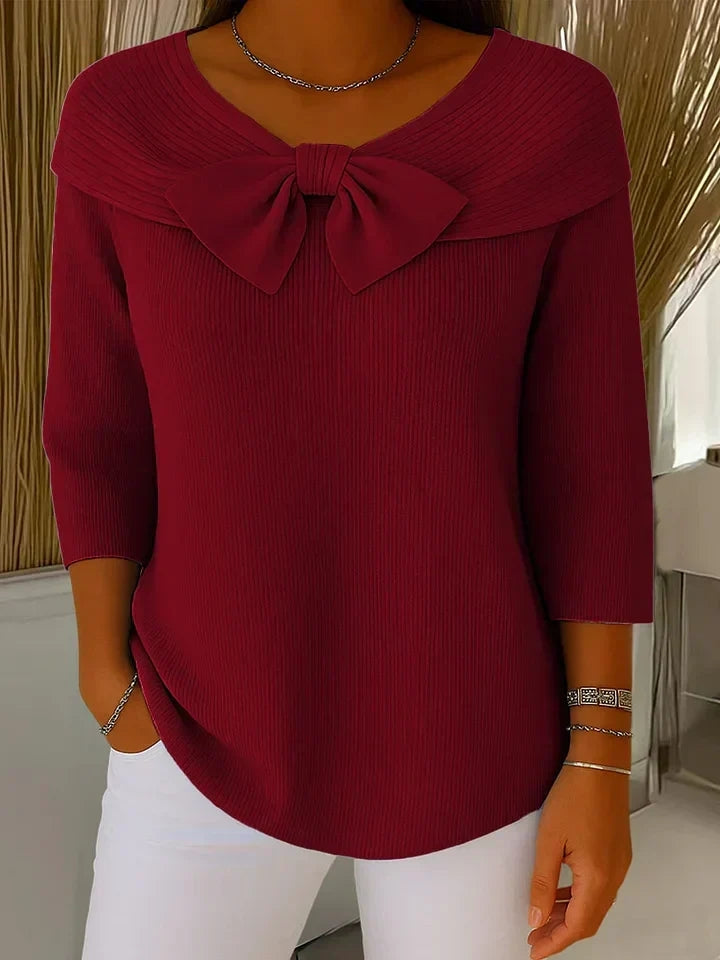 Women's Ribbed Knit Sweater with Bow Detail
