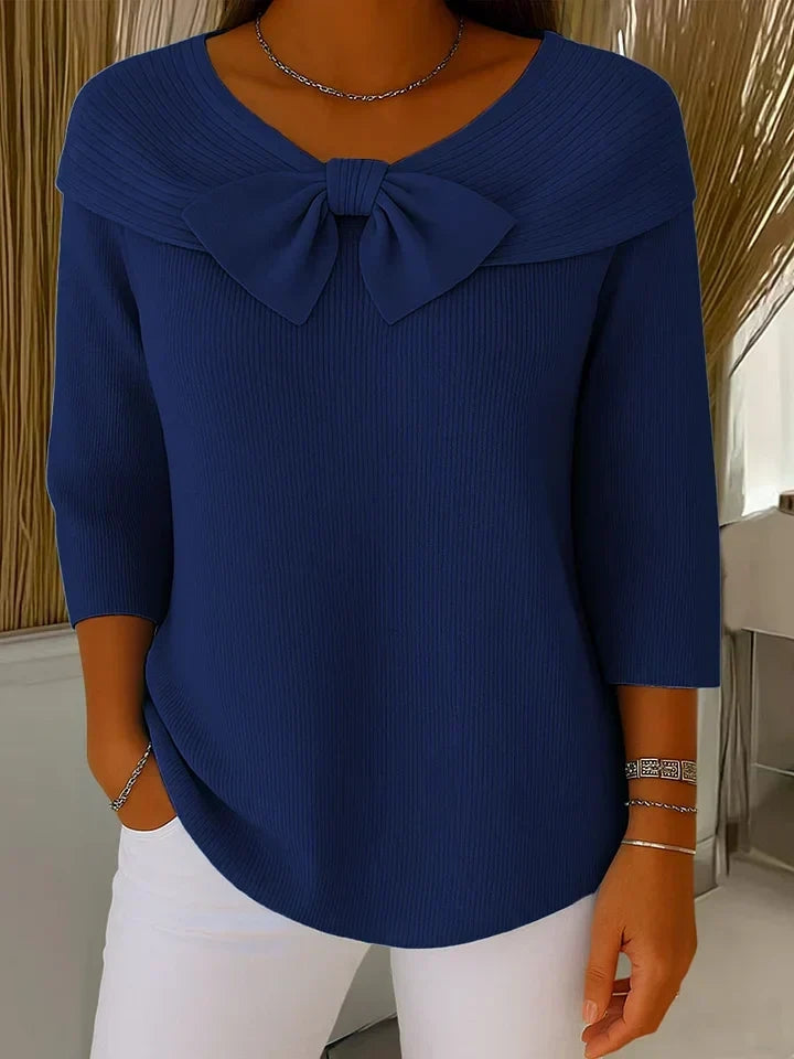 Women's Ribbed Knit Sweater with Bow Detail