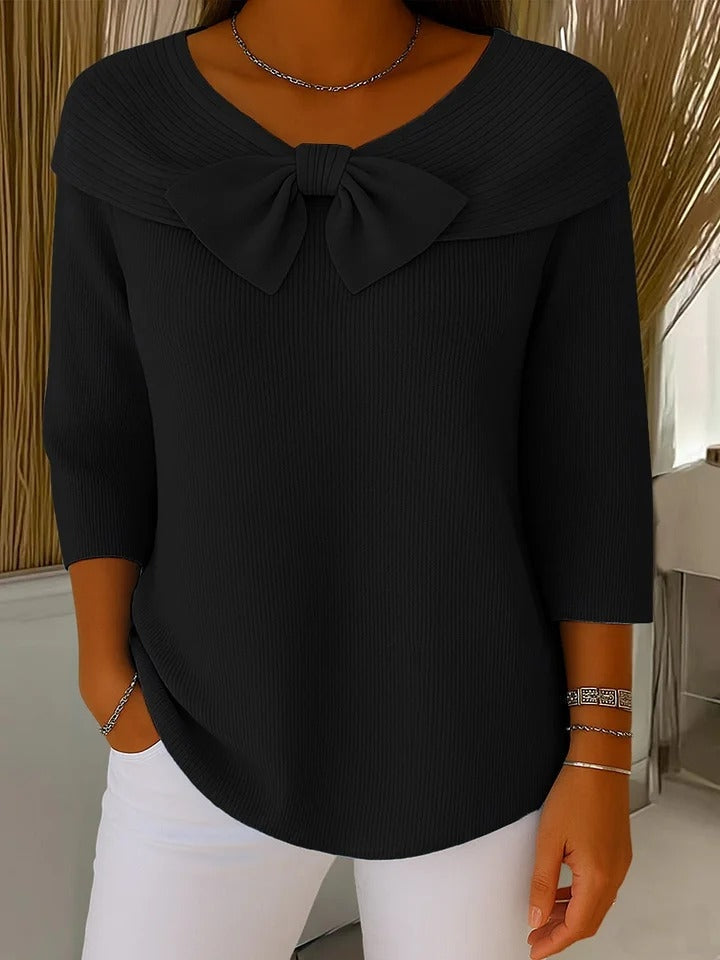 Women's Ribbed Knit Sweater with Bow Detail
