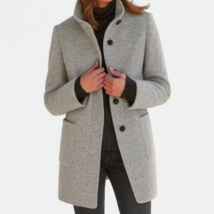 Women's Button-Front Wool Coat with Stand Collar