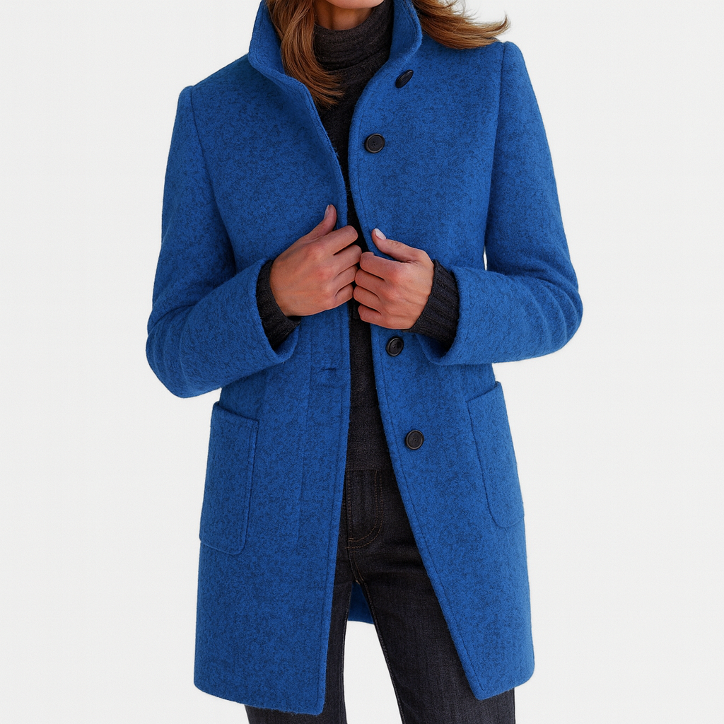 Women's Button-Front Wool Coat with Stand Collar
