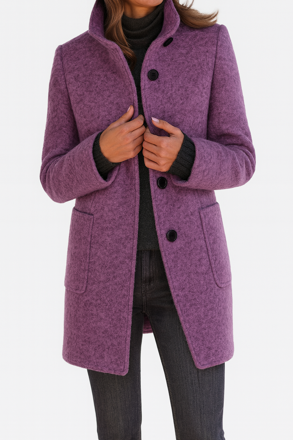 Women's Button-Front Wool Coat with Stand Collar