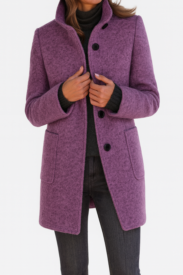 Women's Button-Front Wool Coat with Stand Collar