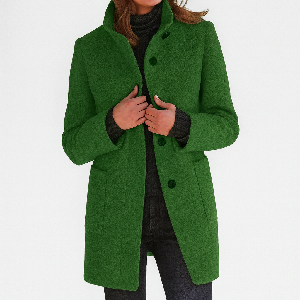 Women's Button-Front Wool Coat with Stand Collar