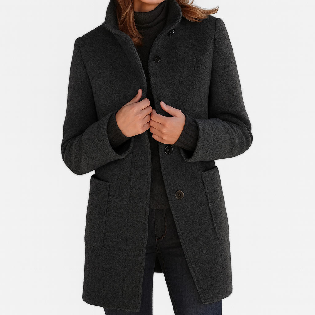 Women's Button-Front Wool Coat with Stand Collar