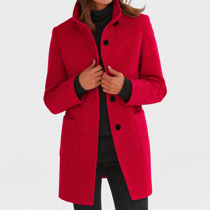 Women's Button-Front Wool Coat with Stand Collar