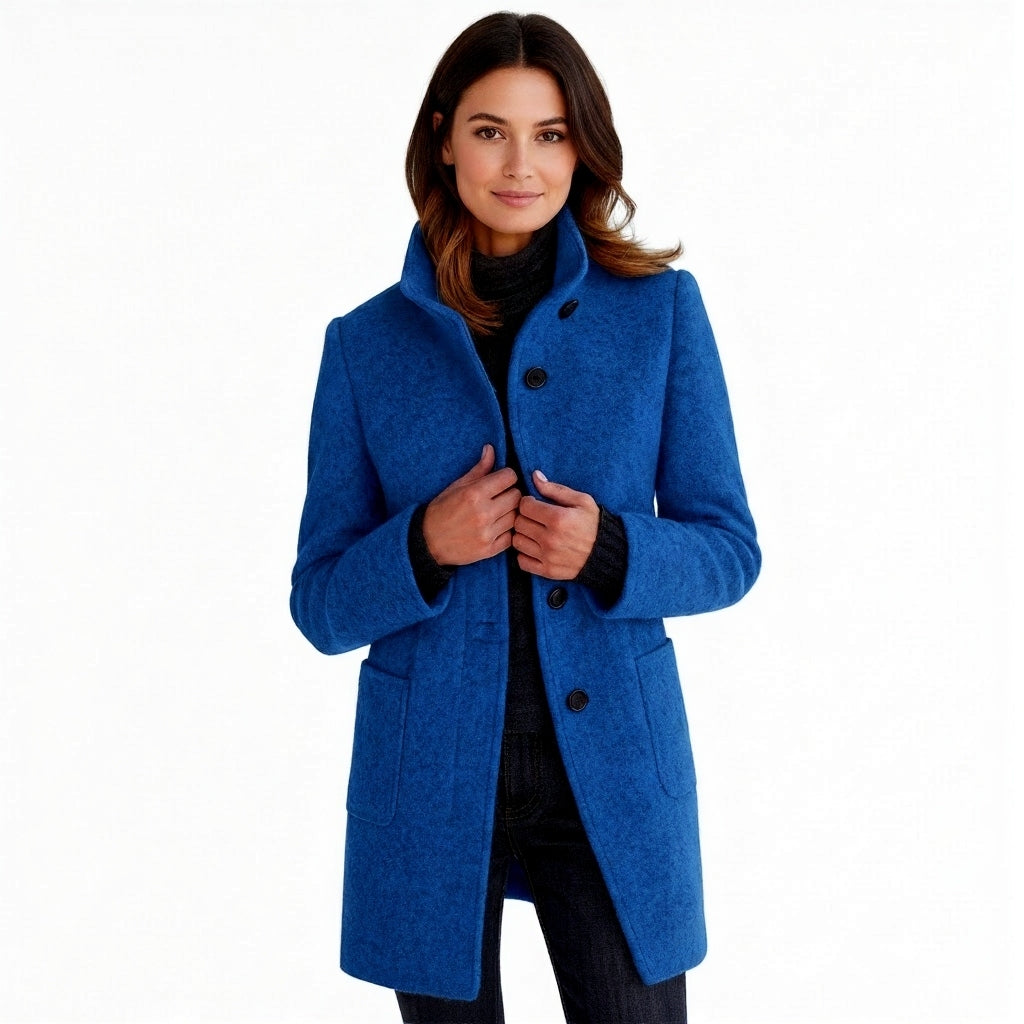 Women's Button-Front Wool Coat with Stand Collar