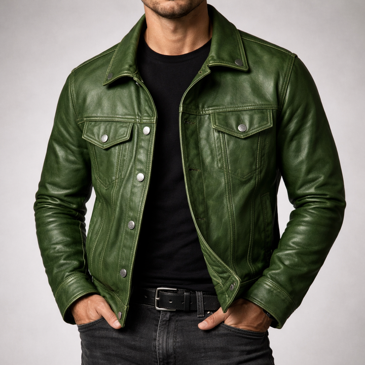 Men's Vintage Leather Trucker Jacket with Button Front Closure