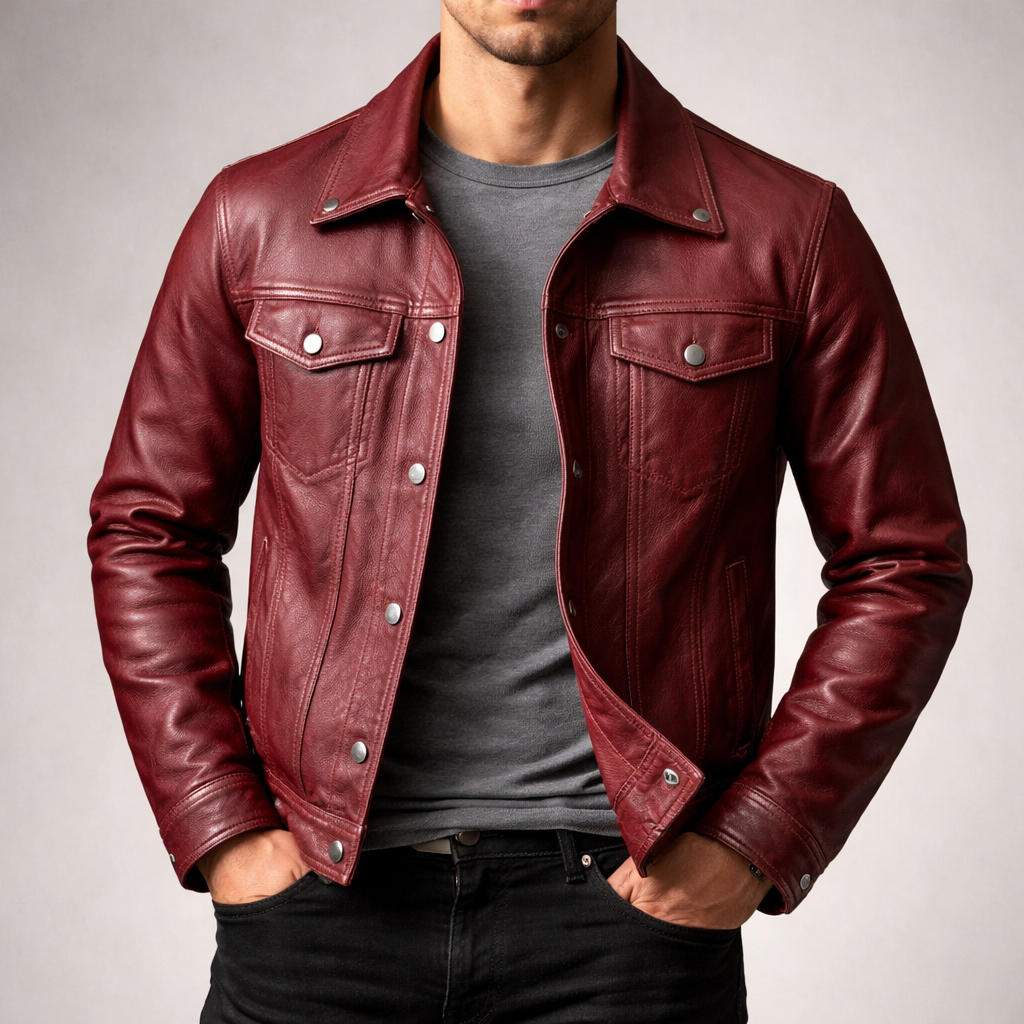 Men's Vintage Leather Trucker Jacket with Button Front Closure