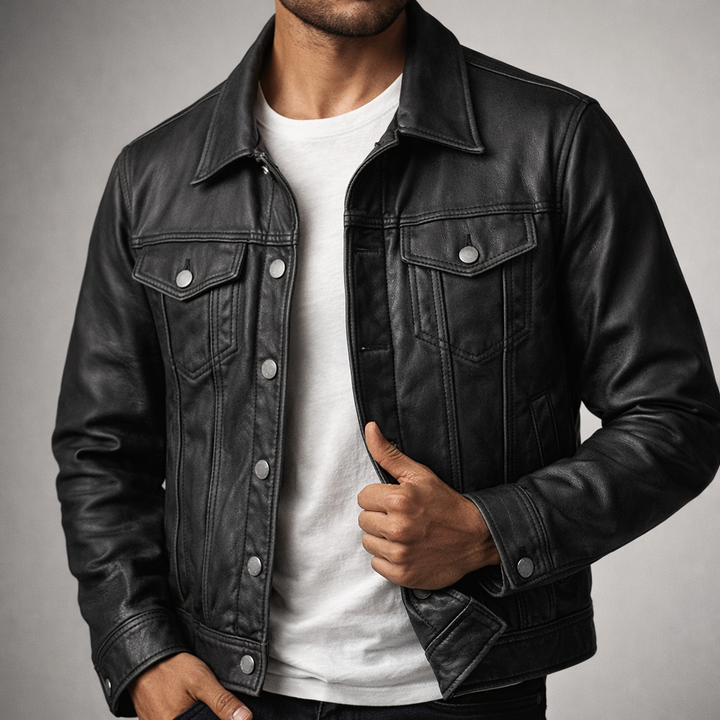 Men's Vintage Leather Trucker Jacket with Button Front Closure