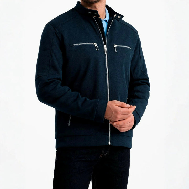 Men's Stand Collar Zip-Up Jacket with Snap Button Closure