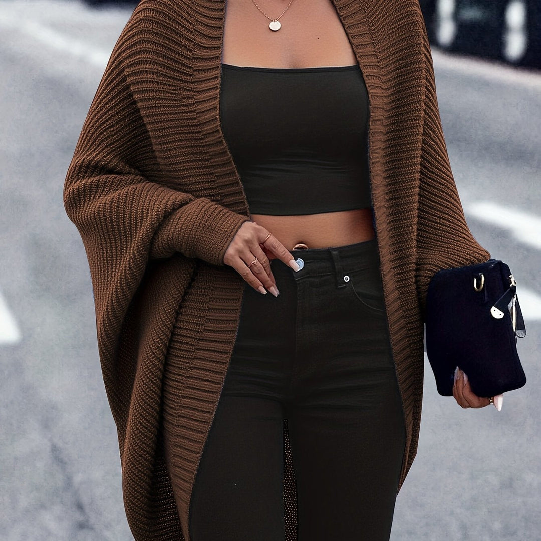 Women's Ribbed Open-Front Cardigan with Batwing Sleeves