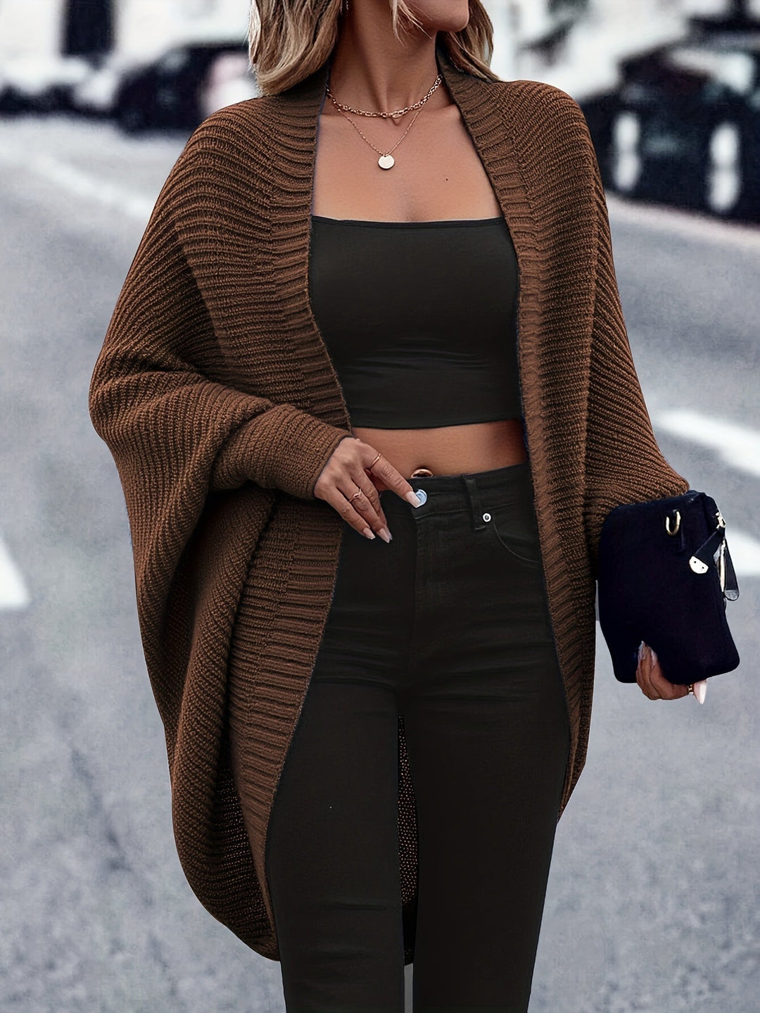 Women's Ribbed Open-Front Cardigan with Batwing Sleeves