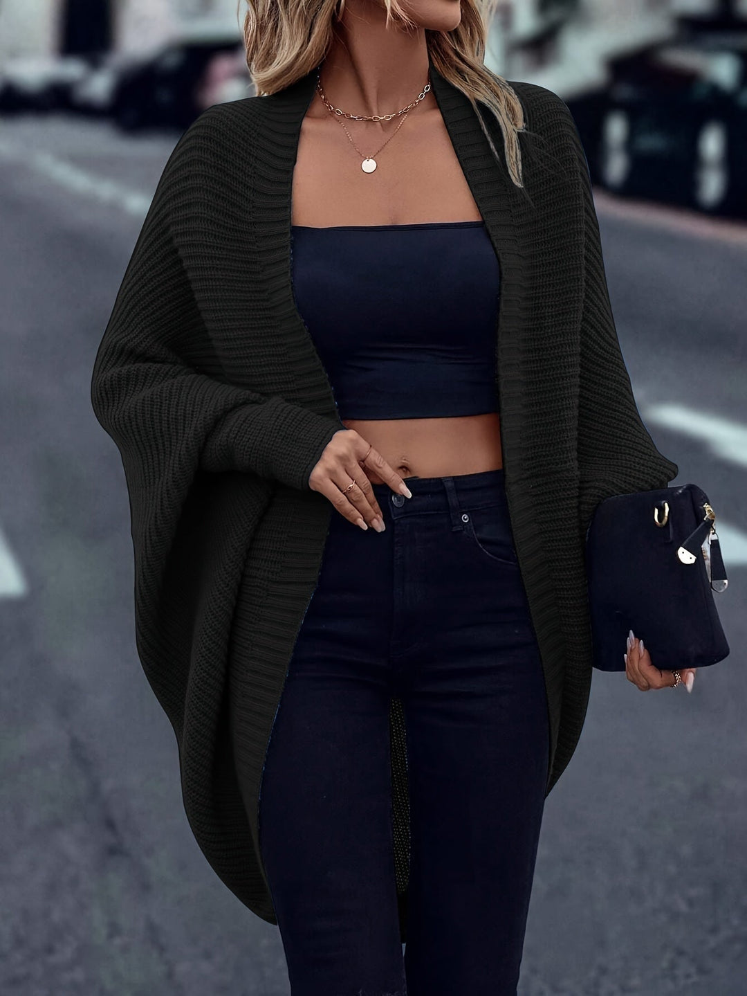 Women's Ribbed Open-Front Cardigan with Batwing Sleeves