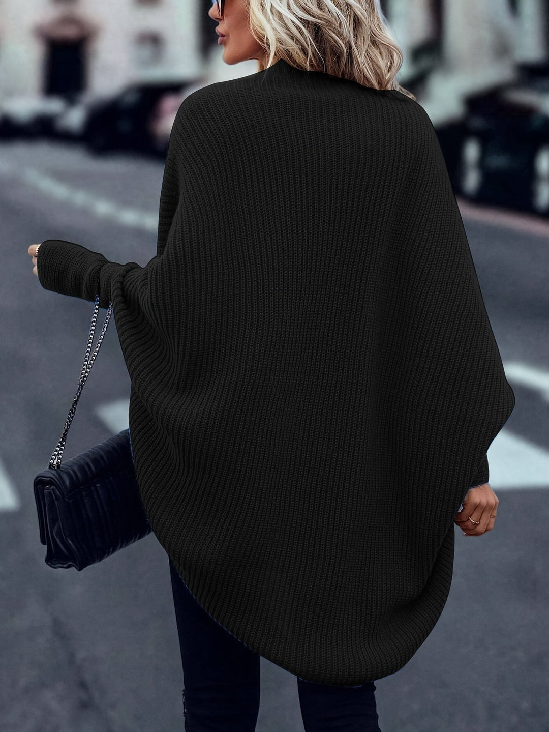 Women's Ribbed Open-Front Cardigan with Batwing Sleeves