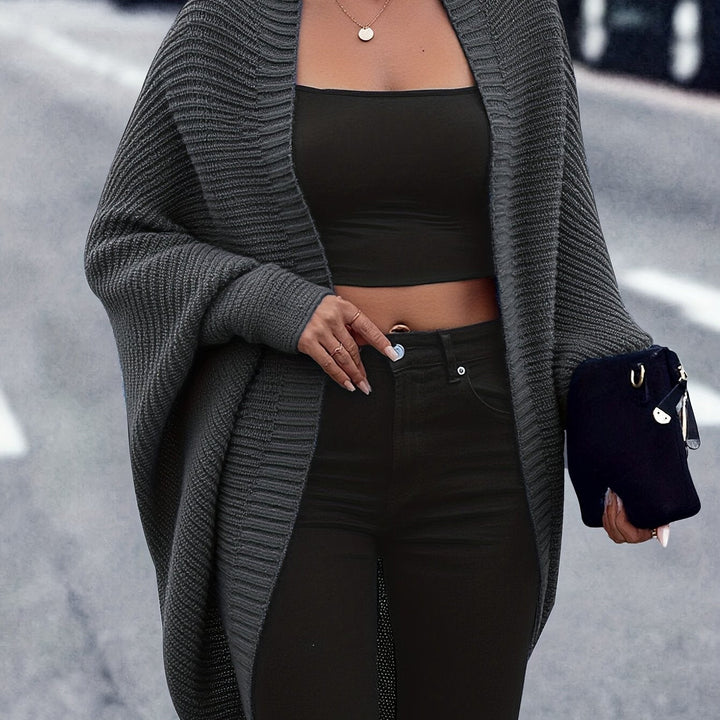 Women's Ribbed Open-Front Cardigan with Batwing Sleeves