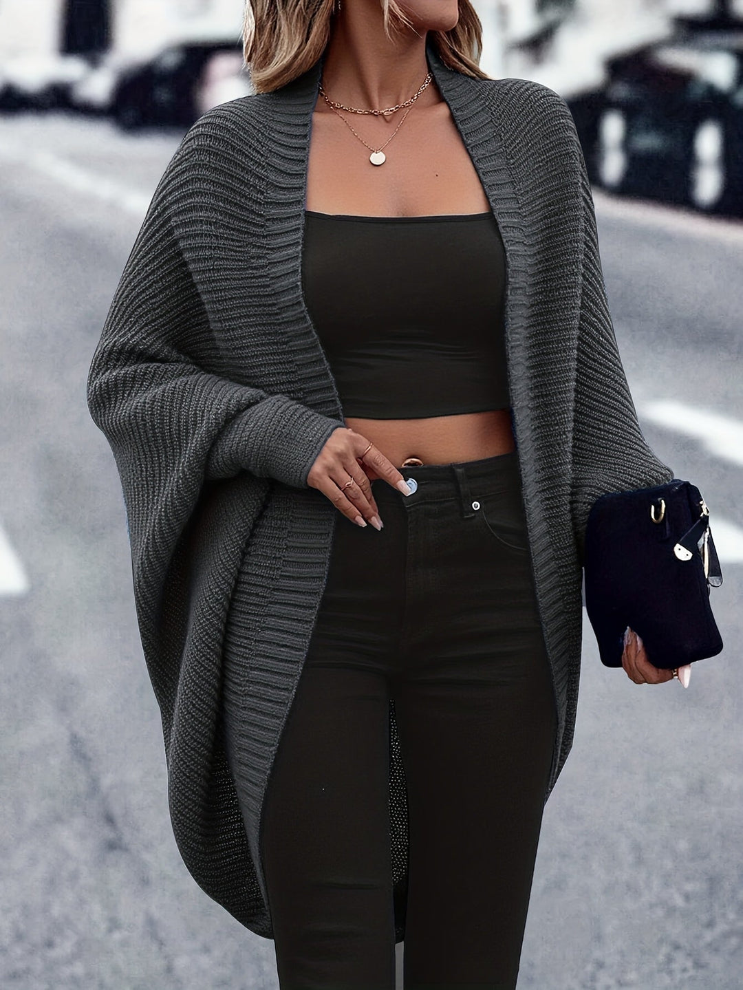 Women's Ribbed Open-Front Cardigan with Batwing Sleeves