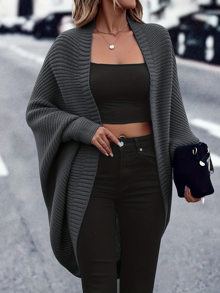 Women's Ribbed Open-Front Cardigan with Batwing Sleeves