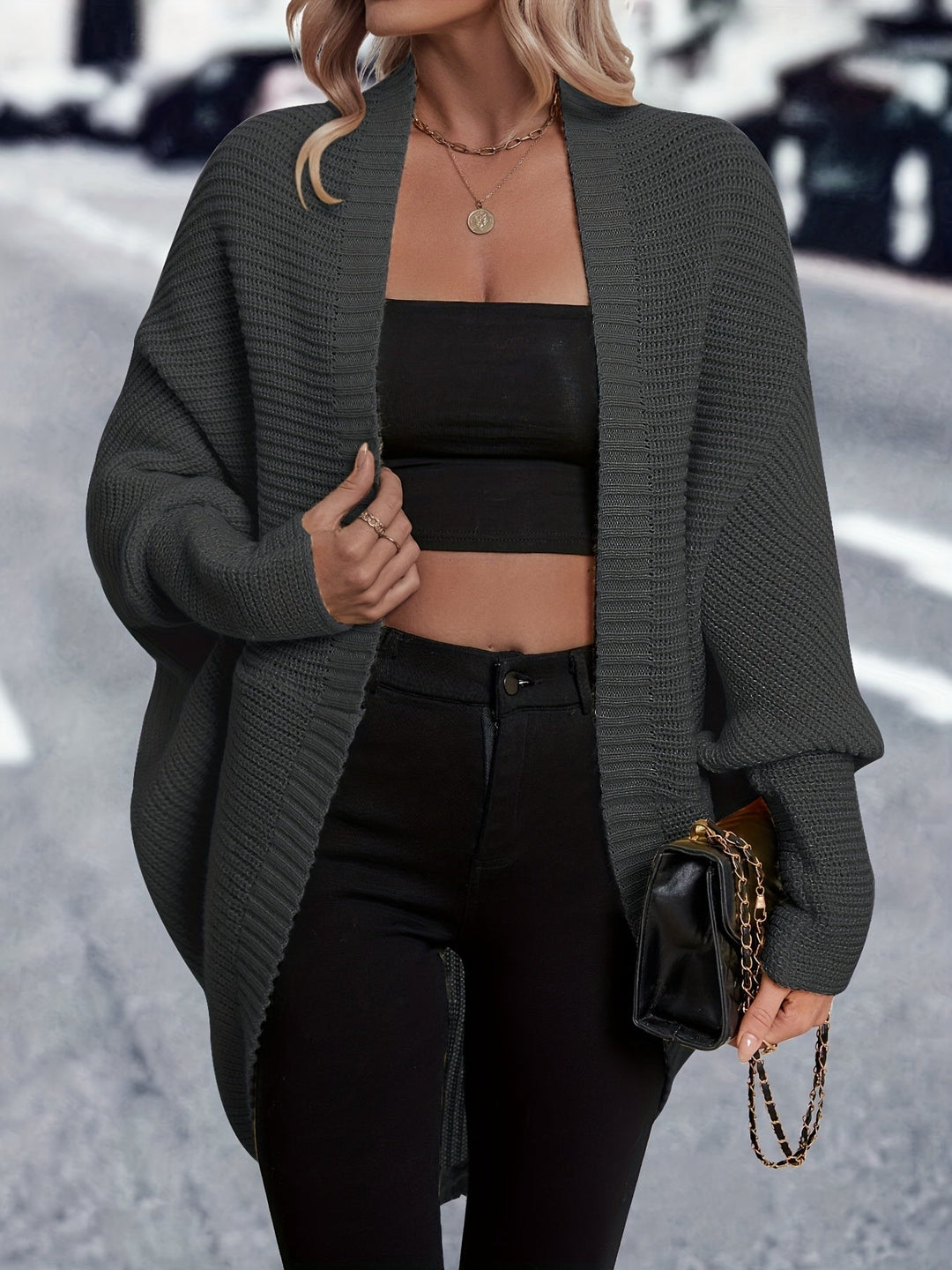 Women's Ribbed Open-Front Cardigan with Batwing Sleeves