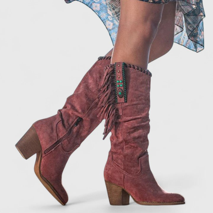 Women's Suede Knee-High Boots with Fringe Detail