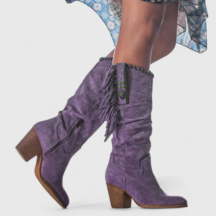 Women's Suede Knee-High Boots with Fringe Detail