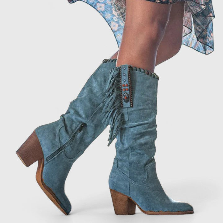 Women's Suede Knee-High Boots with Fringe Detail