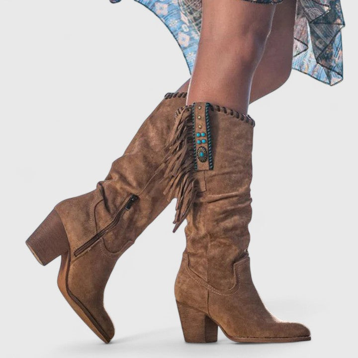 Women's Suede Knee-High Boots with Fringe Detail