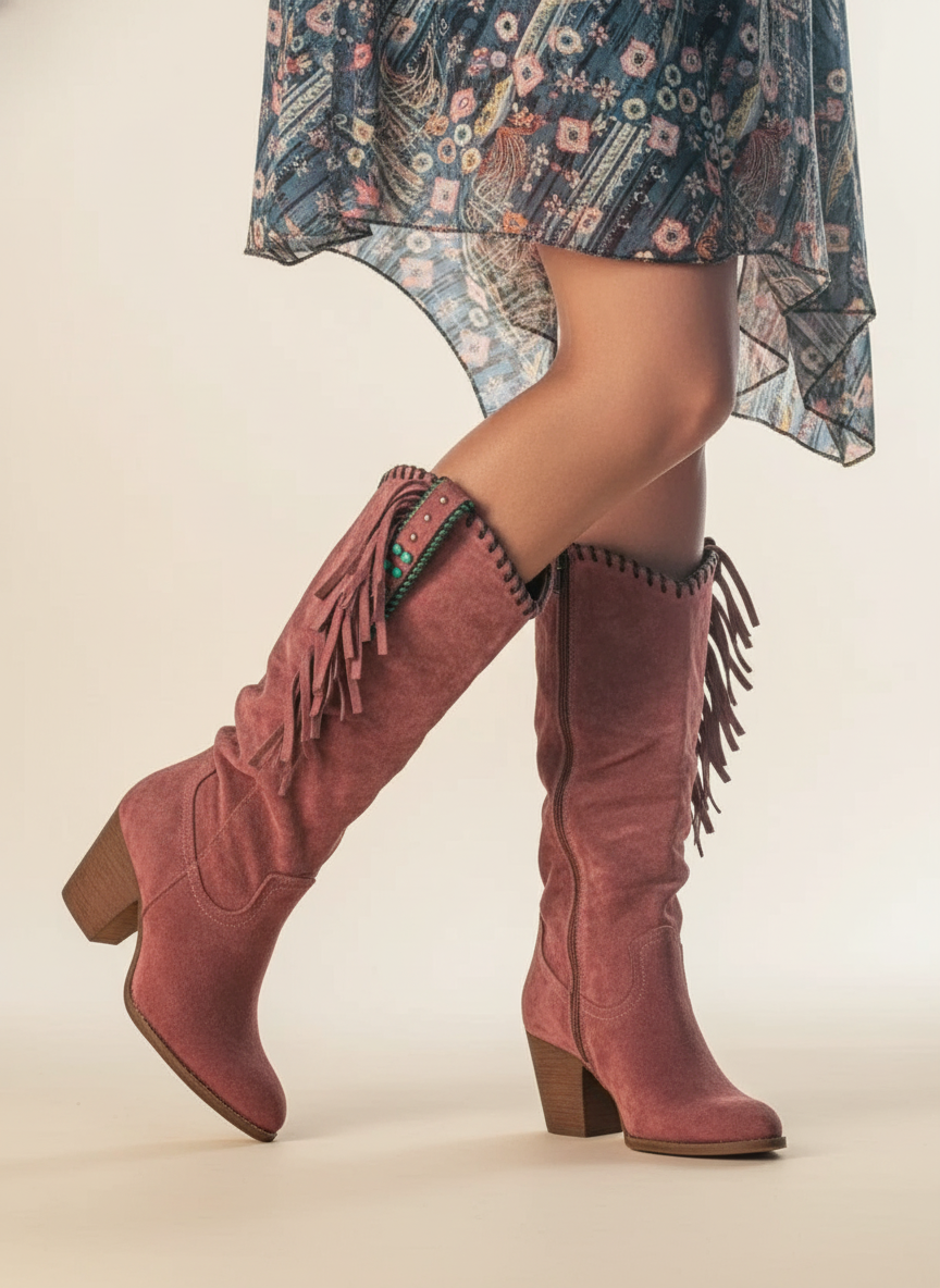 Women's Suede Knee-High Boots with Fringe Detail