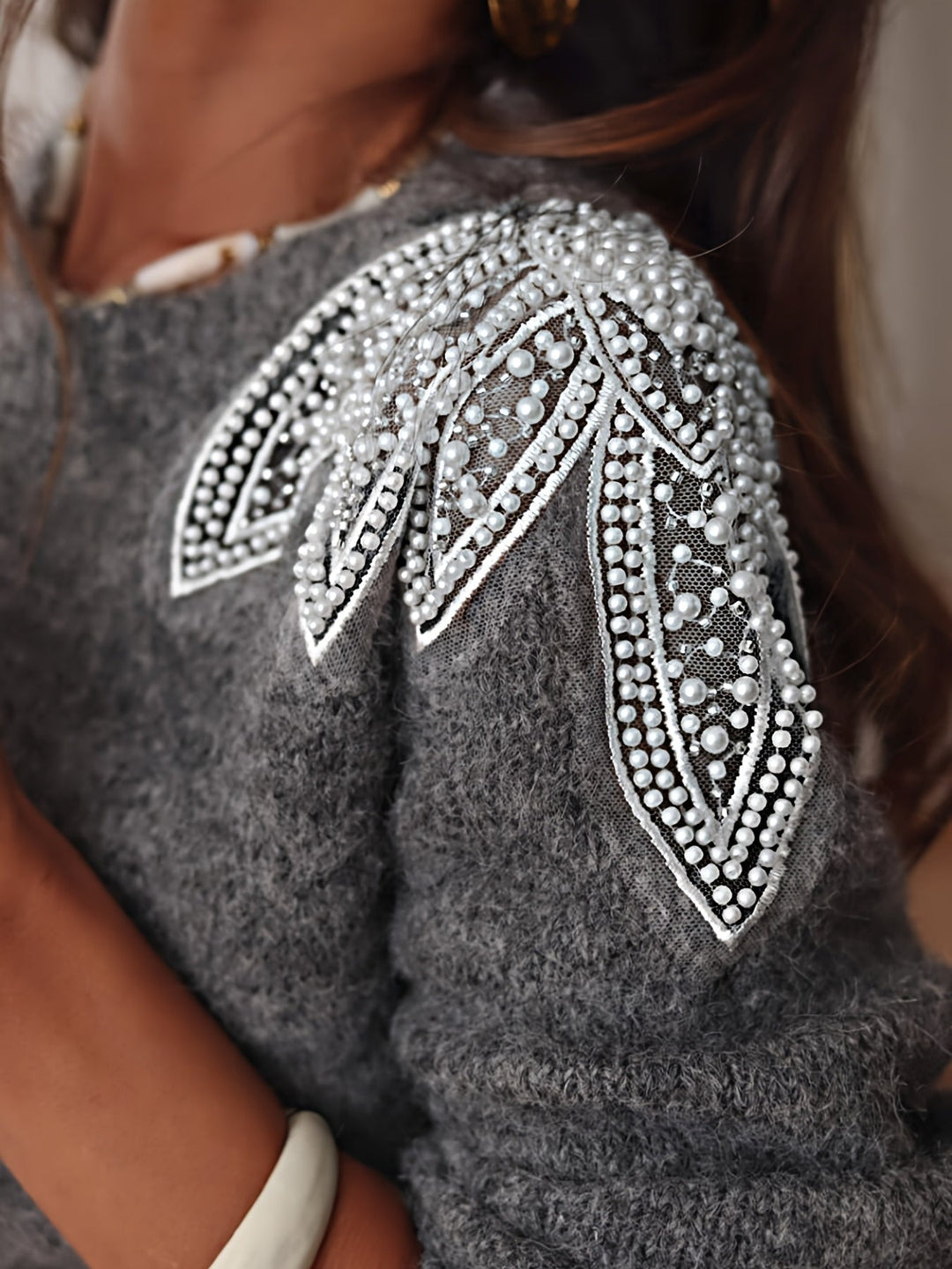 Women's Premium Knit Sweater with Beaded Shoulder Detail and Comfort